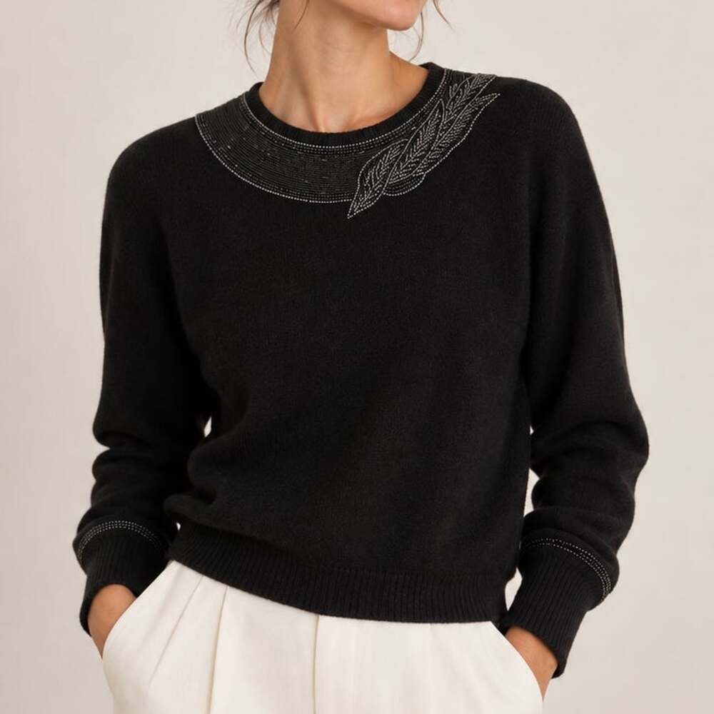 Vintage Black Lambswool Angora Beaded Sweater Large 80s 90s Art Deco Preppy Glam